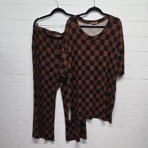 Jade By Jane Set Shirt Wide Leg Pants With Pocket Size 2X Check Brown Black